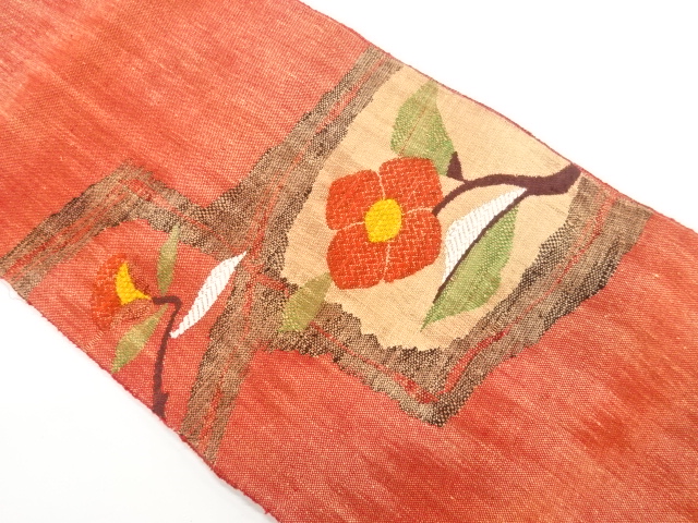 アンティーク　手織り紬花模様織り出し名古屋帯